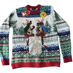 NEW Blizzard Reindeer Beer Drink Holder Holiday Ugly Christmas party Sweater Med